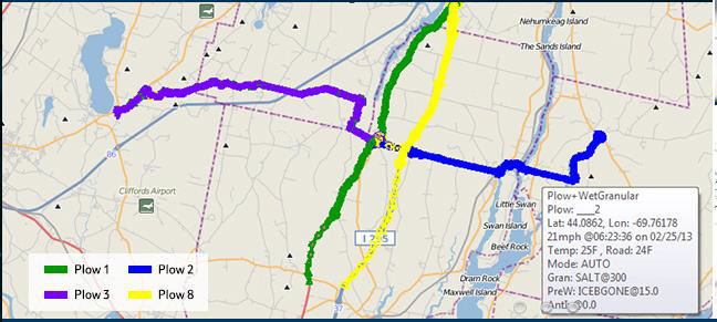 AVL-generated map showing routes traveled and plowing and spreading activities